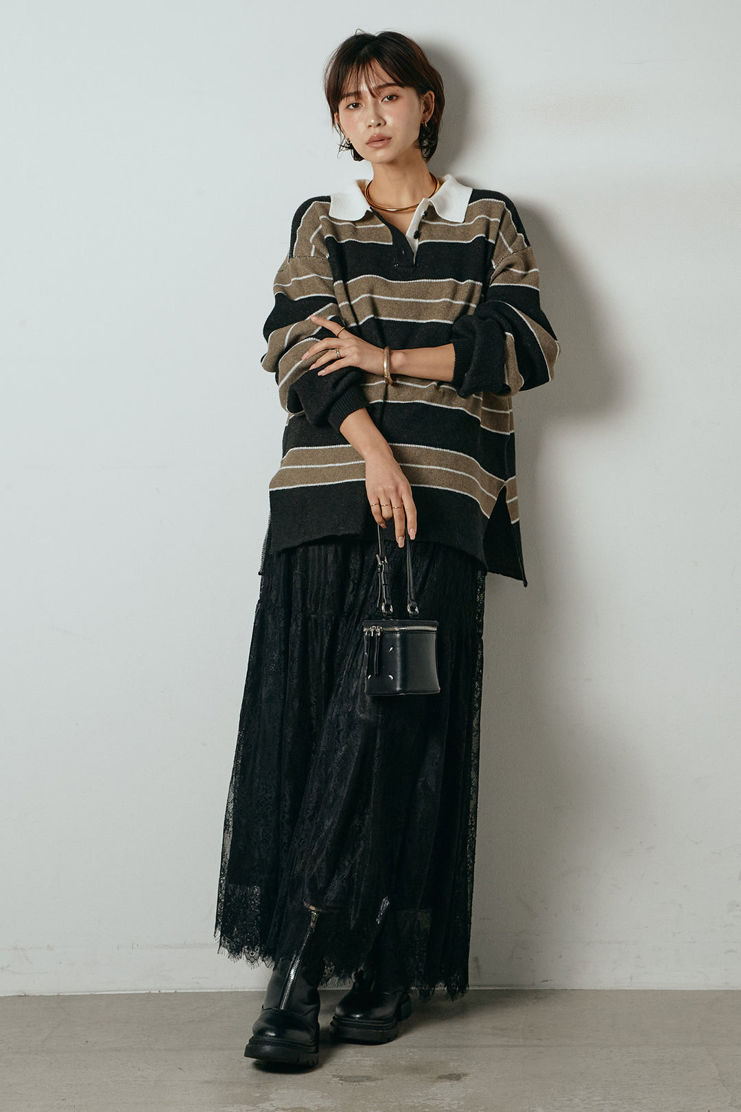 [SET]ラガーニットボーダーポロプルオーバー+ひげレース切替ロング丈スカート(2set)