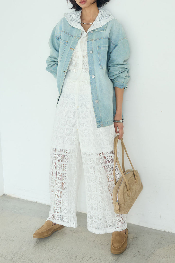 [SET]デニムオーバーサイズジャケット+パッチワークレースイージーパンツ+パッチワークレースショート丈フードシャツ(3set)