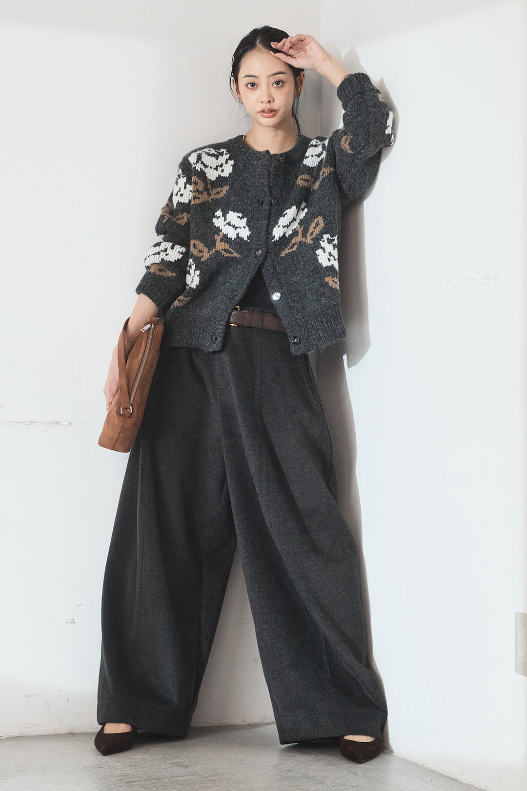 [SET]花柄ジャガードニットカーディガン+ウールタッチカーブワイドパンツ(2set)