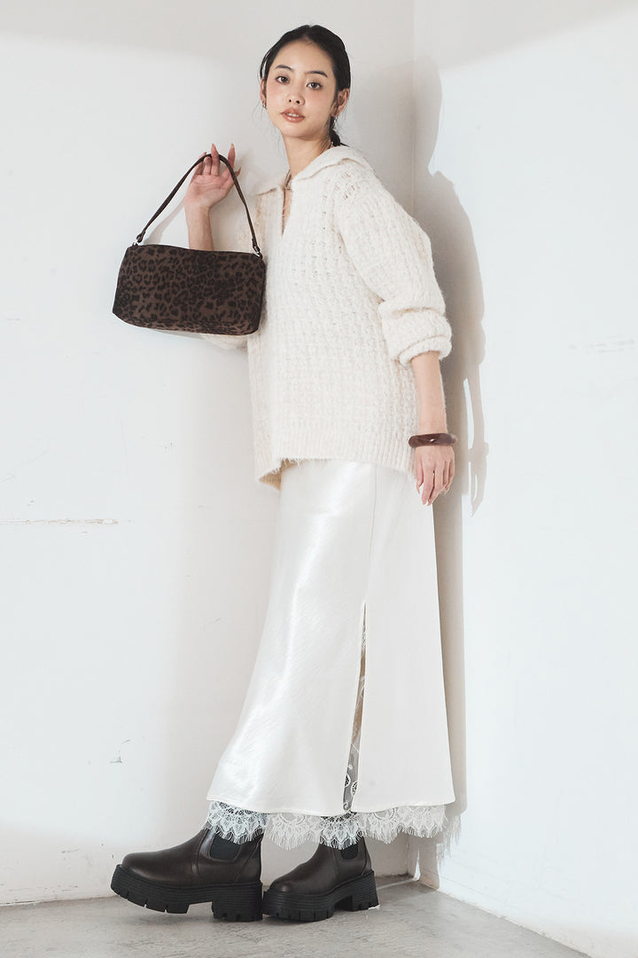 [SET]襟付きVネックニットトップス+裾レースデザインサテンスカート(2set)