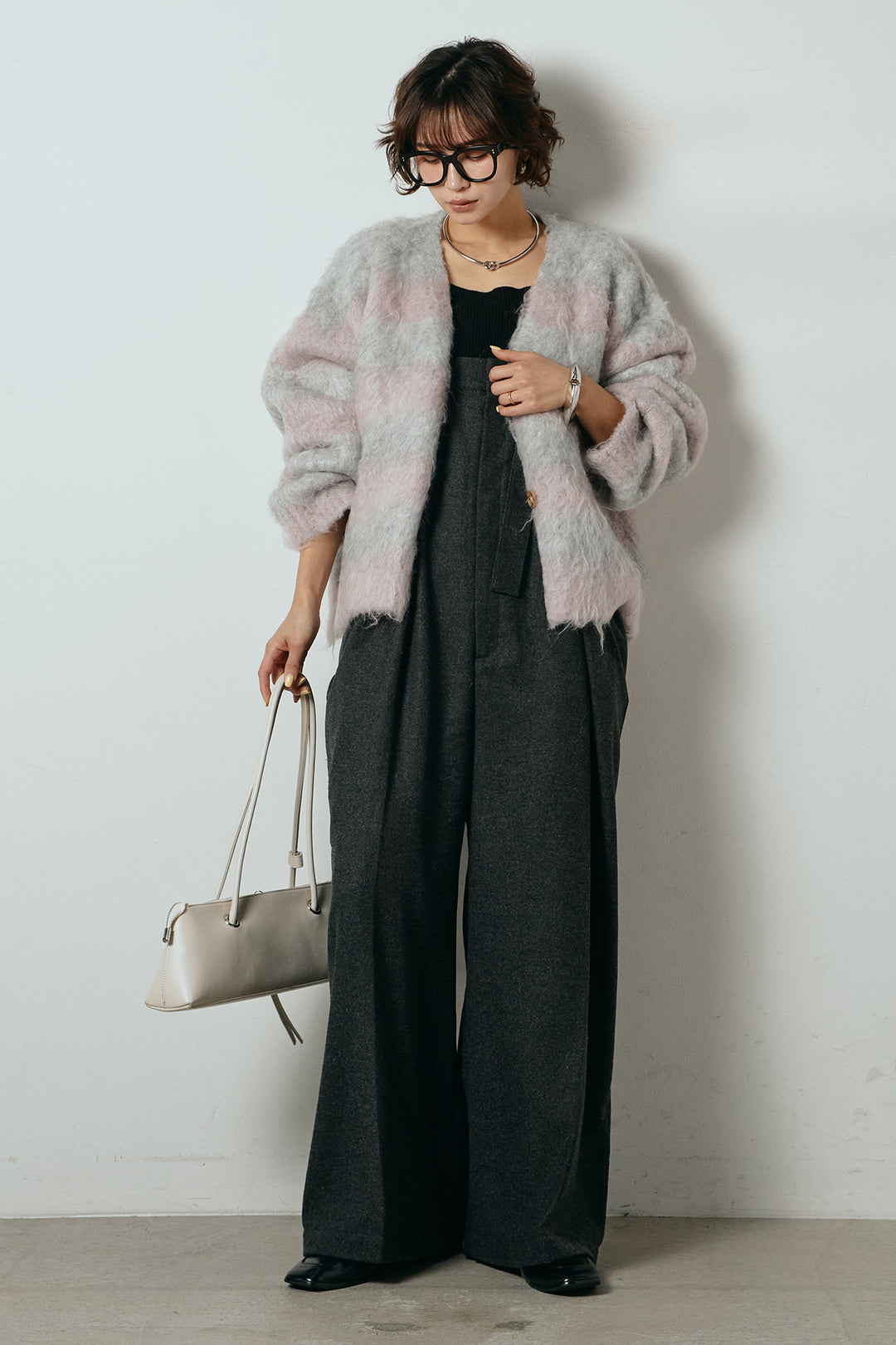 [SET]シャギーボーダー柄ニットカーディガン+ウール混フランネルワイドサロペット(2set)