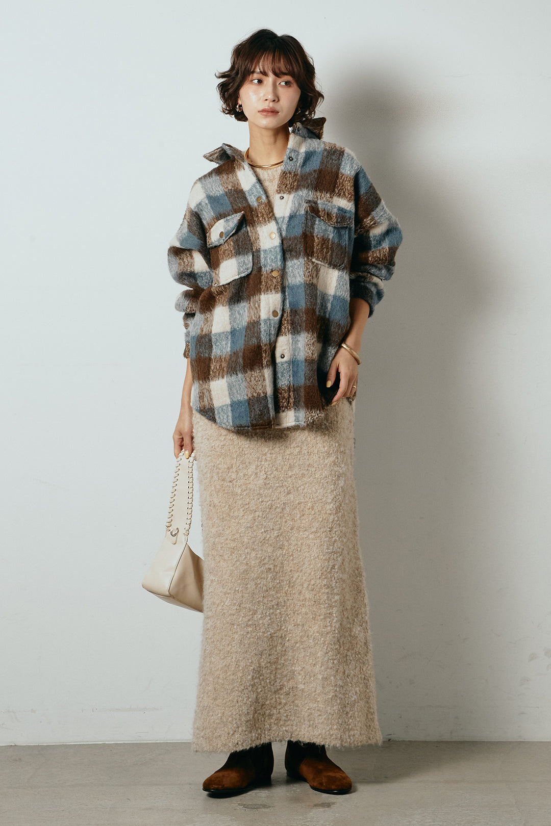 [SET]起毛チェック柄ポケットアウター+起毛ノースリーブニットロングワンピース(2set)