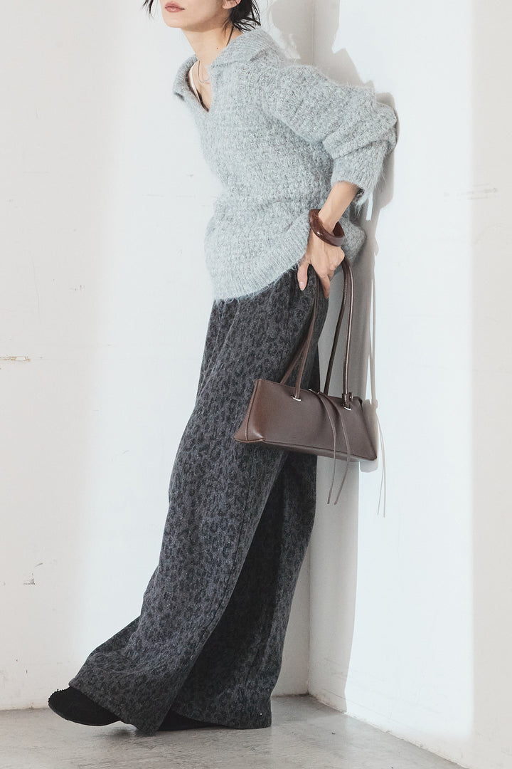 [SET]襟付きVネックニットトップス+リラックスレオパード柄ワイドパンツ(2set)