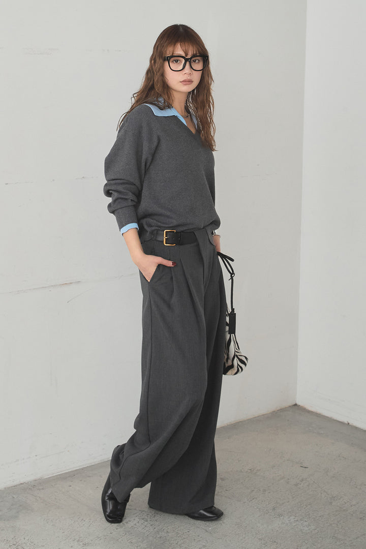 [SET]バイカラーニットレイヤード風プルオーバー+サイドベルトタック入りスラックス(2set)