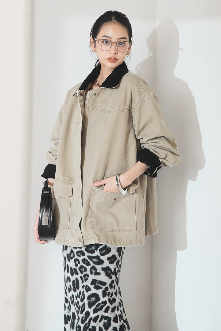 [SET]襟コーデュロイデザインデニム調カバーオール+レオパードサテンナロースカート(2set)