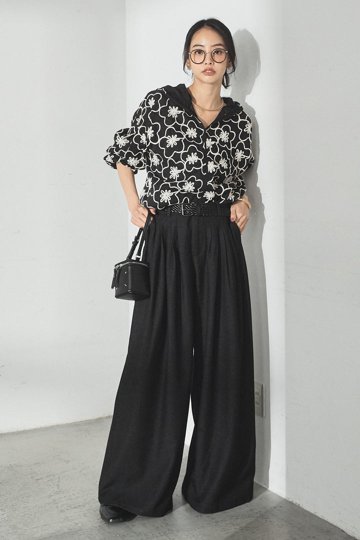 [SET]シアーフラワーフードブルゾン+編みベルト付きウエストタックワイドパンツ(2set)