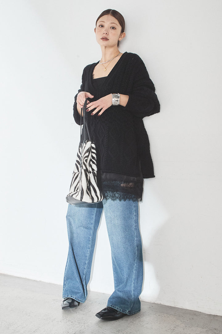 [SET]ケーブルVニットセーター+デニムサイドカットパンツ(2set)