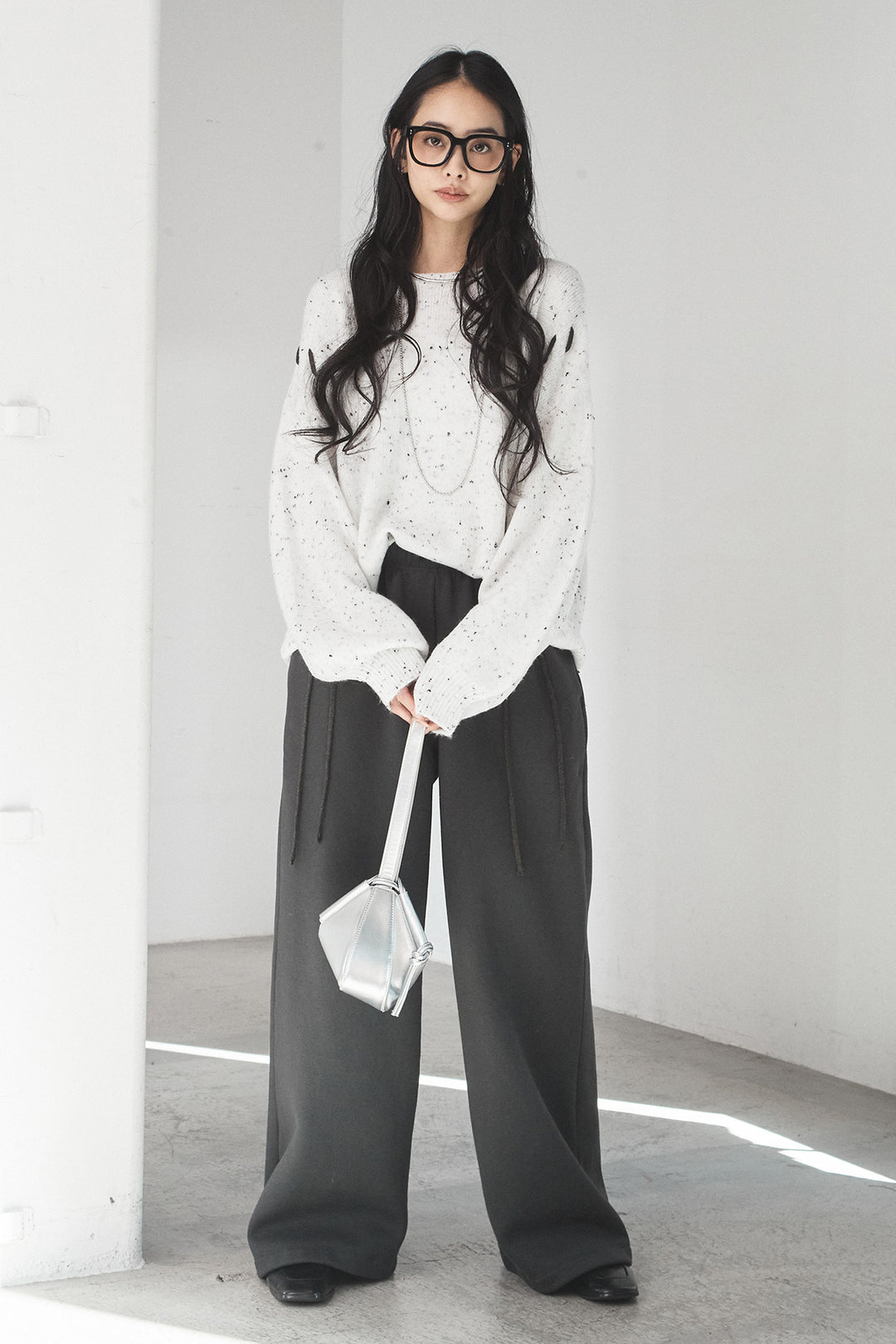 [SET]ネップ編み上げニットトップス+裏起毛スウェットワイドパンツ(2set)