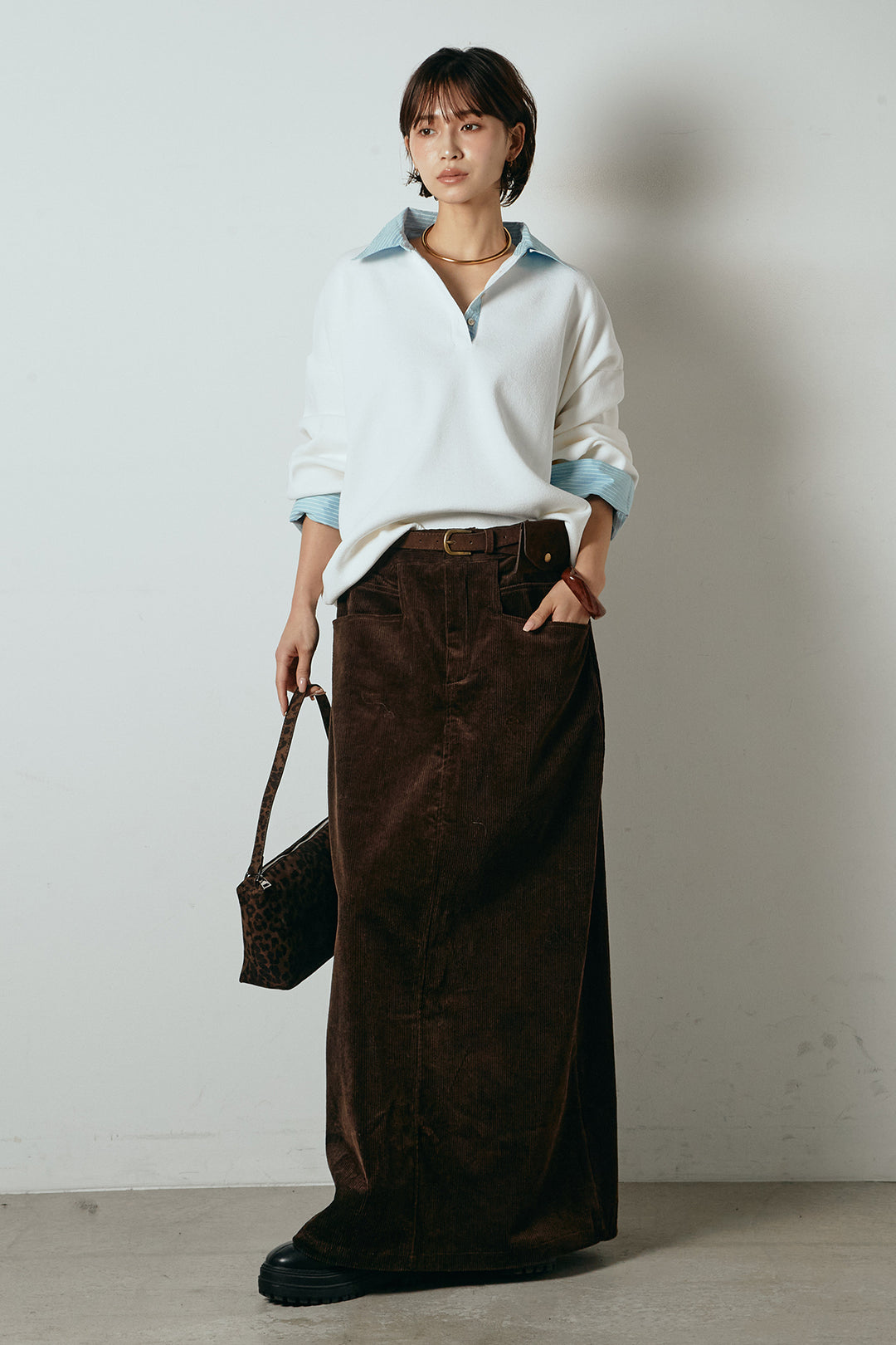 [SET]ストライプシャツドッキングポロトップス+ポーチベルト付きコーデュロイワイドスカート(2set)