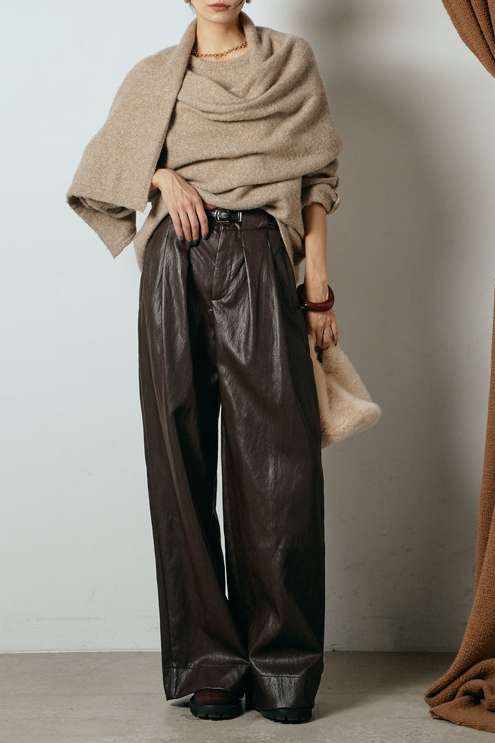 [SET]ネック巻きデザインニットトップス+ベルト付きレザーライクタックパンツ(2set)