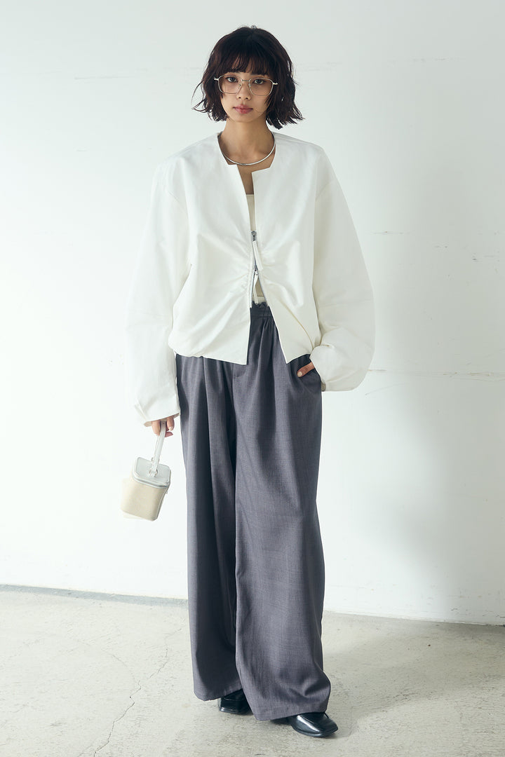 [SET]ノーカラーフロントギャザージップアウター+ツイルメニータックパンツ(2set)