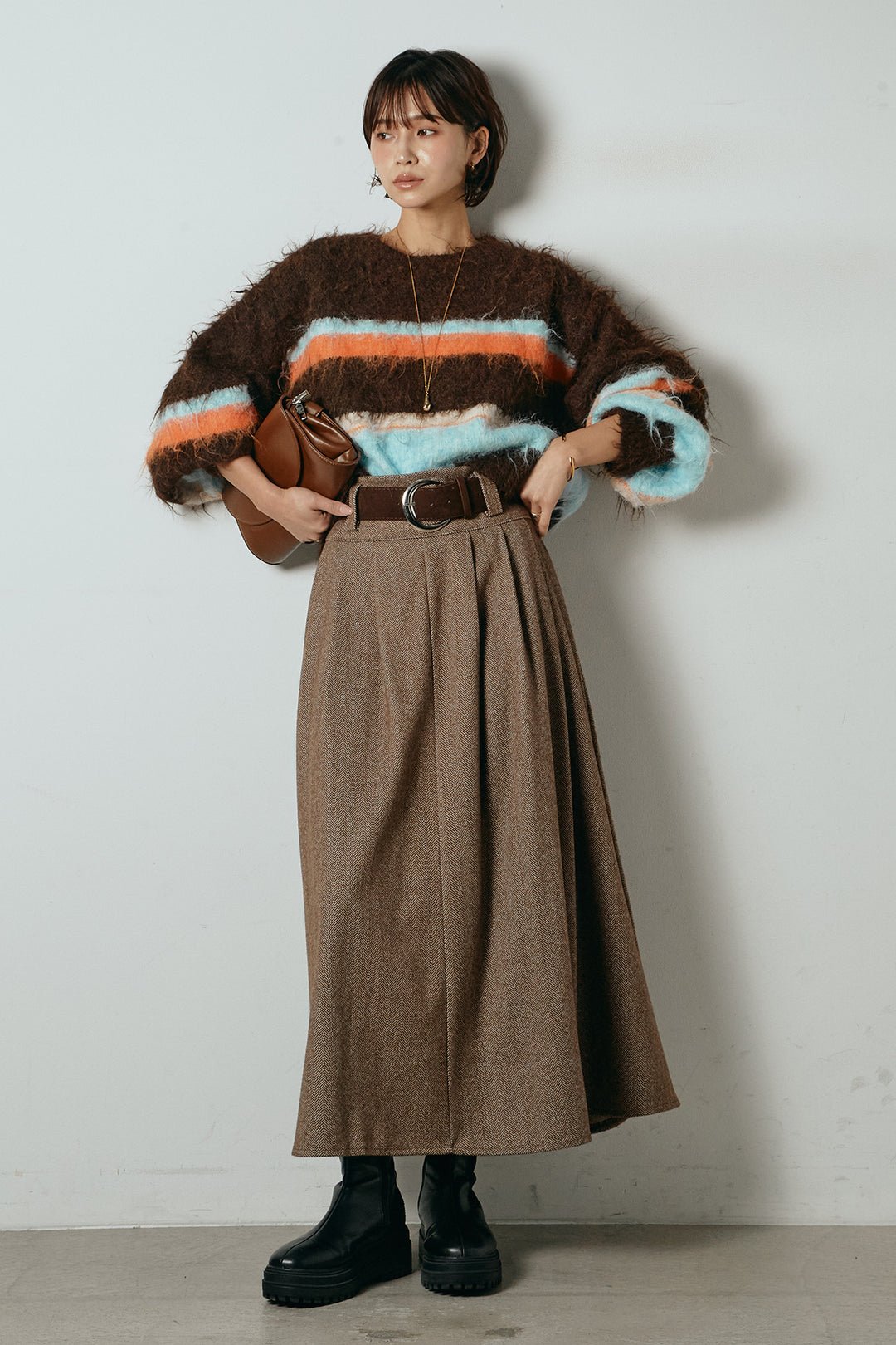 [SET]起毛配色マルチボーダーニットトップス+太ベルト付きヘリンボーンプリーツスカート(2set)