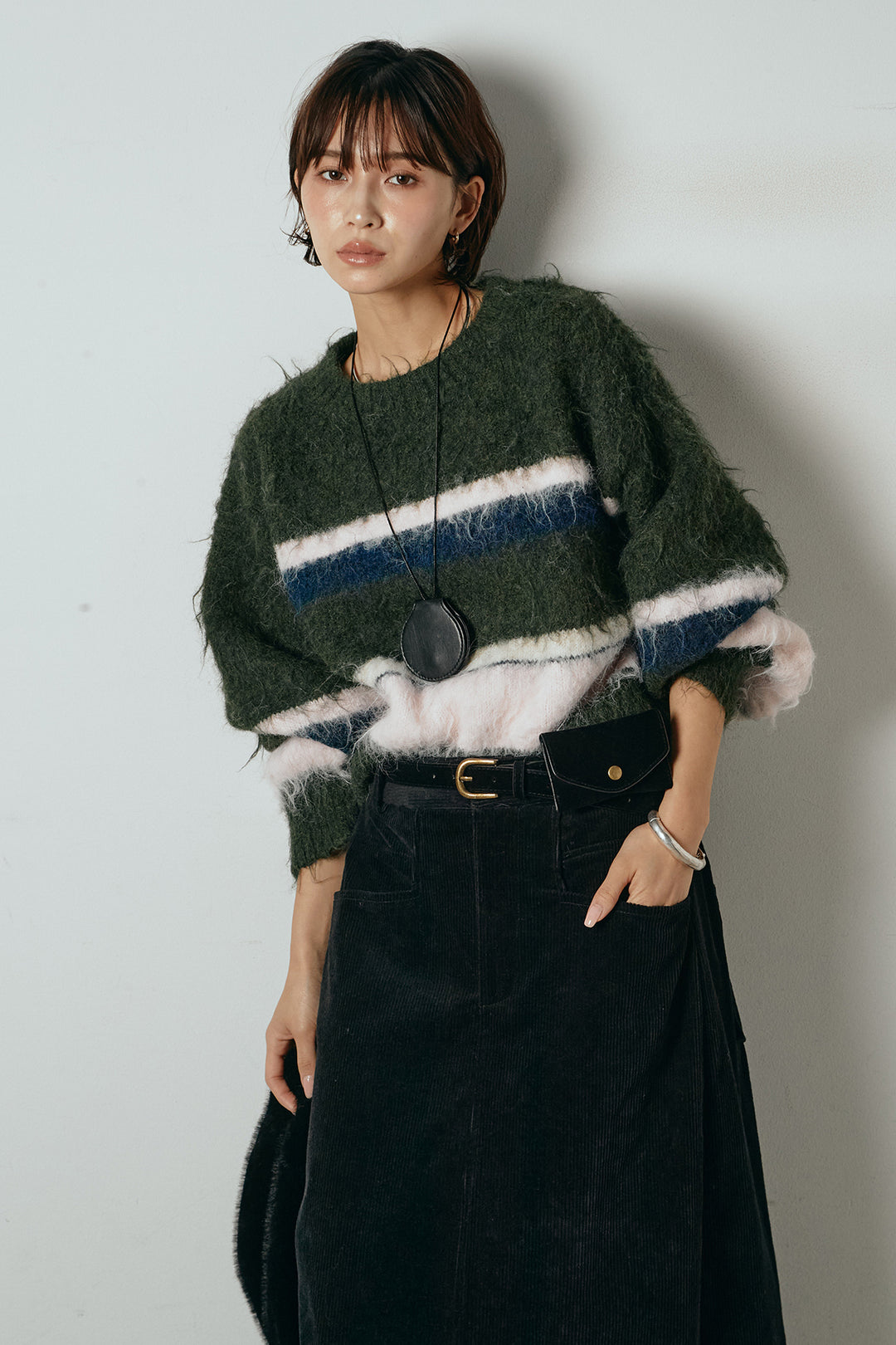 [SET]起毛配色マルチボーダーニットトップス+ポーチベルト付きコーデュロイワイドスカート(2set)