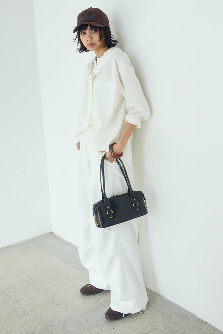 [SET]無地タイ付フーディーBIGシャツ+ランダムタックデザインワイドパンツ(2set)