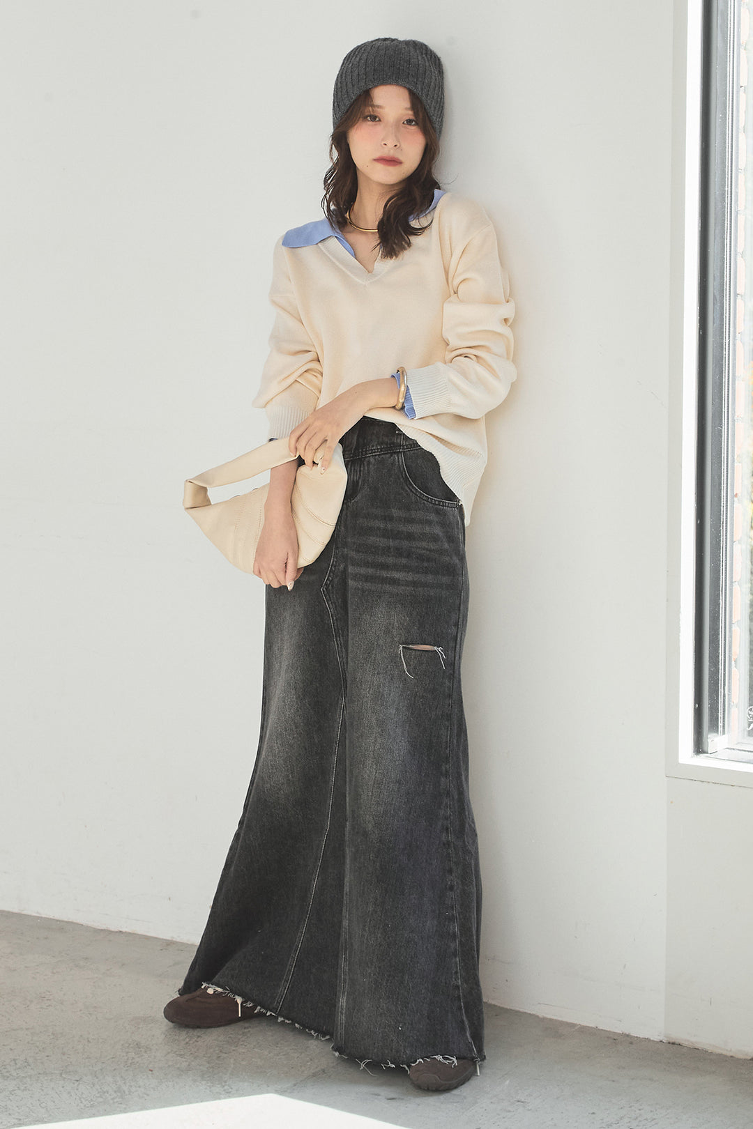 [SET]バイカラーニットレイヤード風プルオーバー+Aラインデニムスカート(2set)