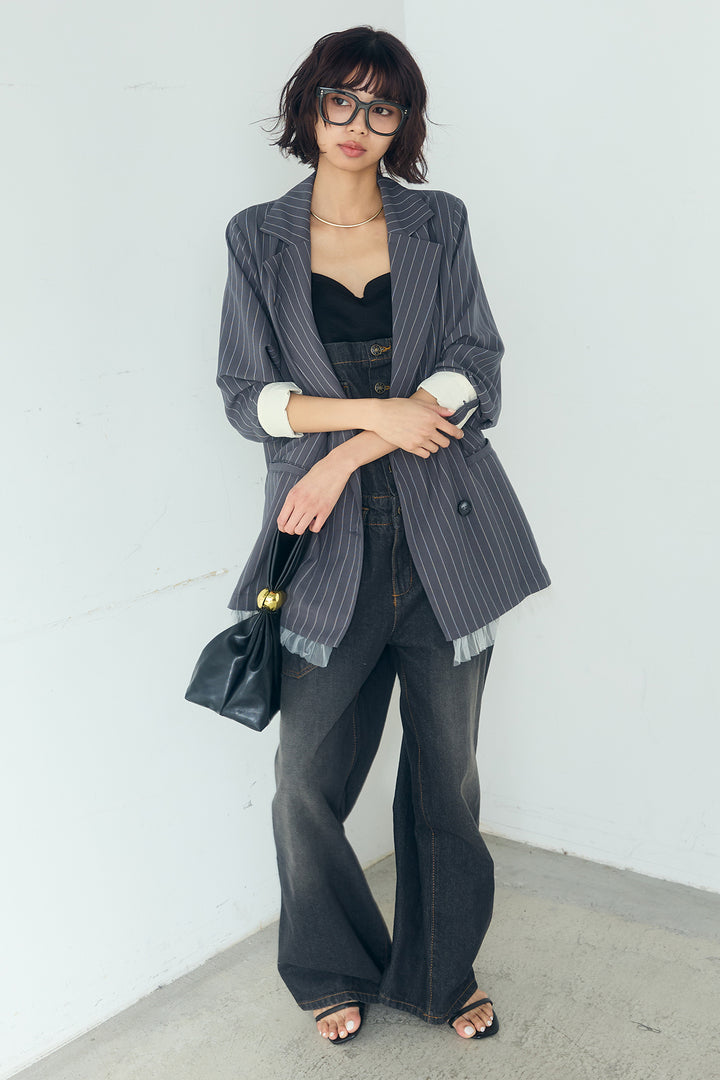 [SET]裾フリルダブルジャケット+デニムサロペットワイドパンツ(2set)