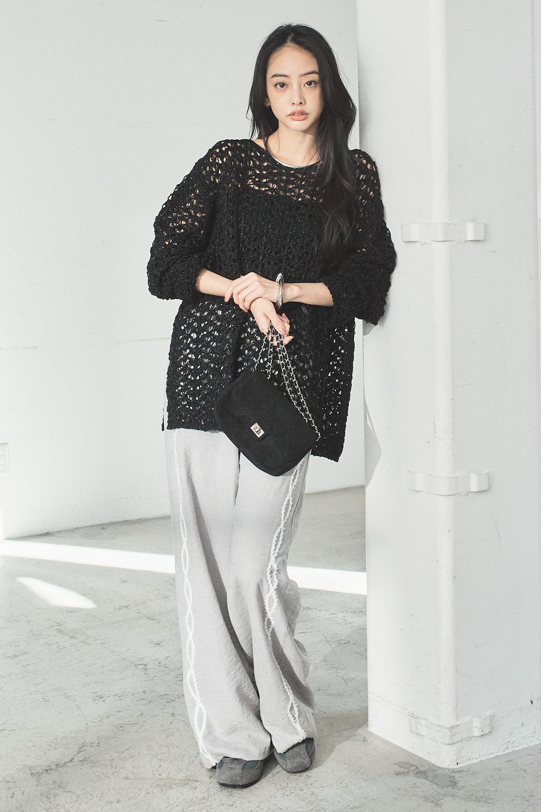 [SET]リラックスメッシュニットトップス+刺繡テープラインパンツ(2set)