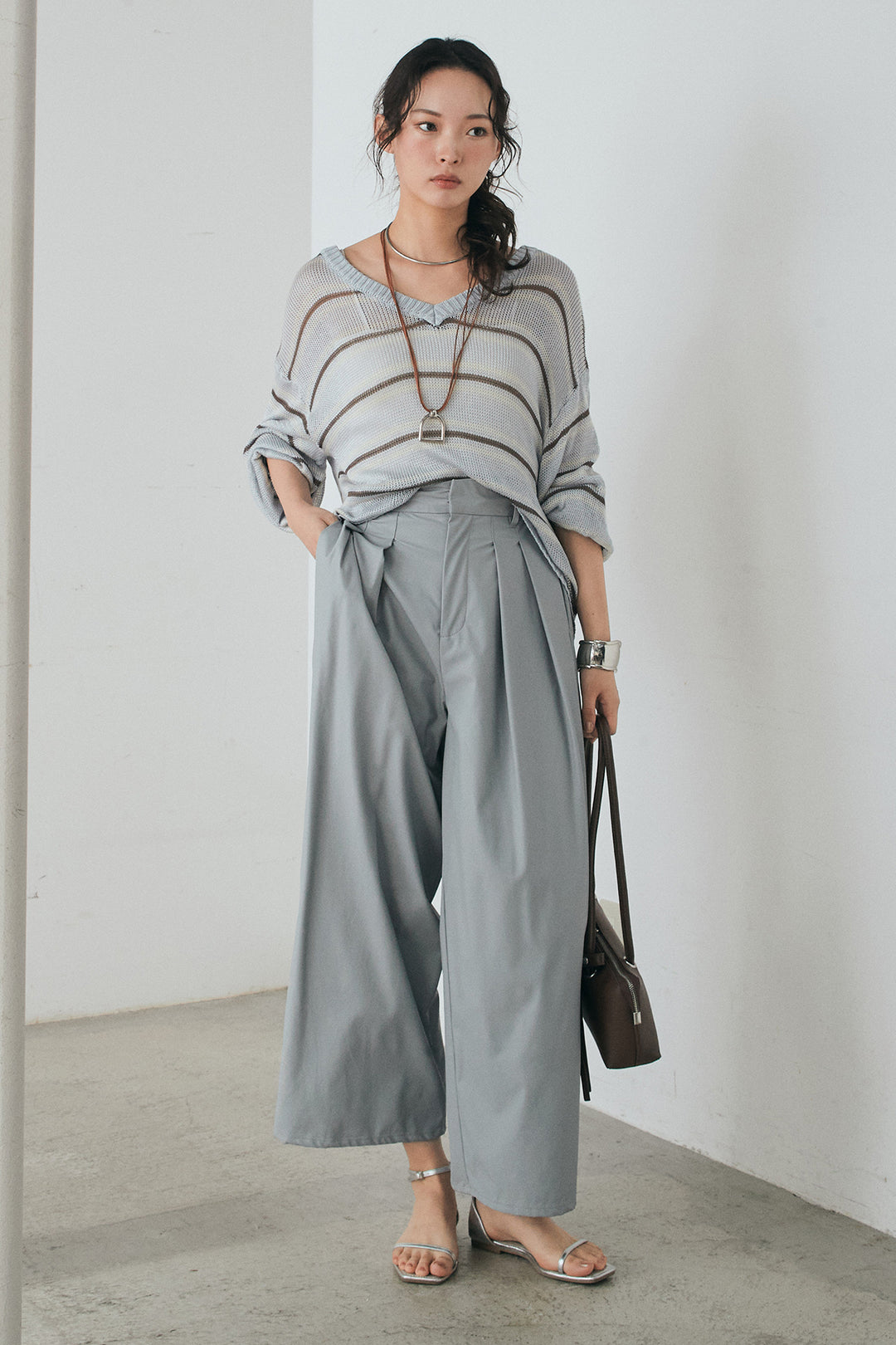 [SET]綿タッチVネックボーダートップス+ウォッシャブルエコレザータックパンツ(2set)