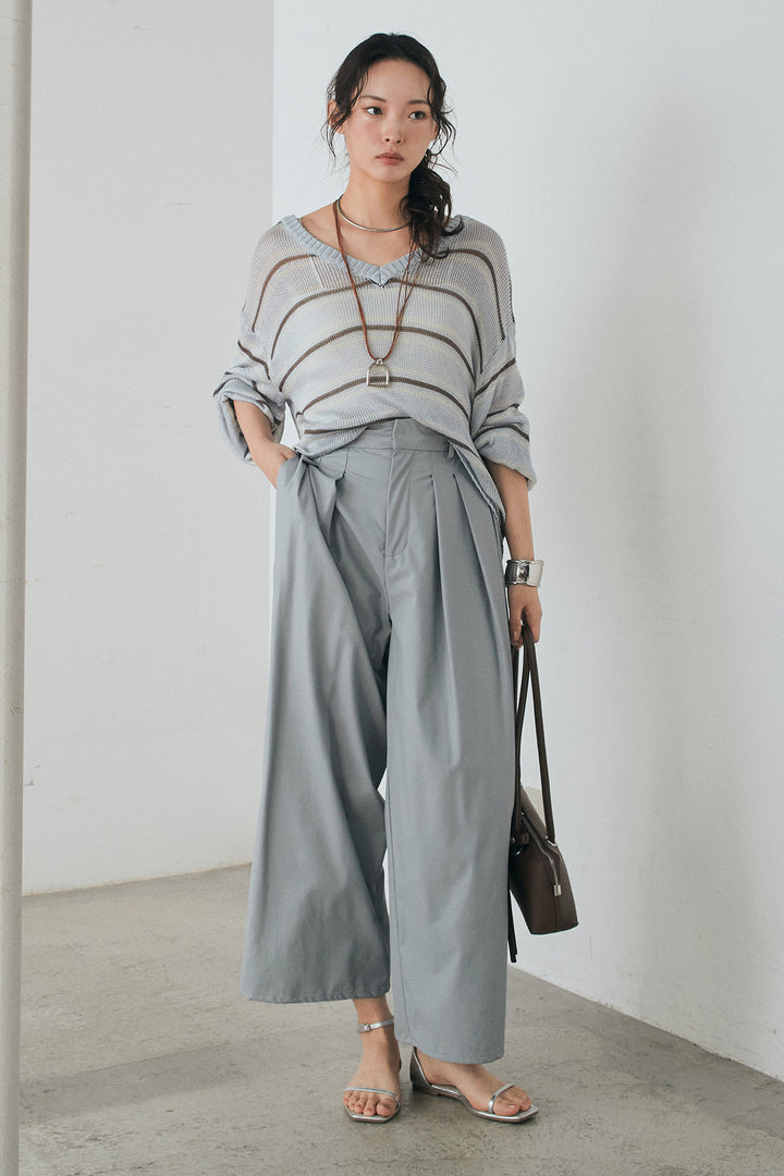 [SET]綿タッチVネックボーダートップス+ウォッシャブルエコレザータックパンツ(2set)