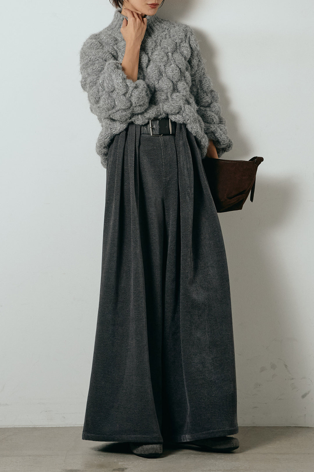 [SET]ボリュームポップコーンニットトップス+ベルトループコーデュロイワイドパンツ(2set)