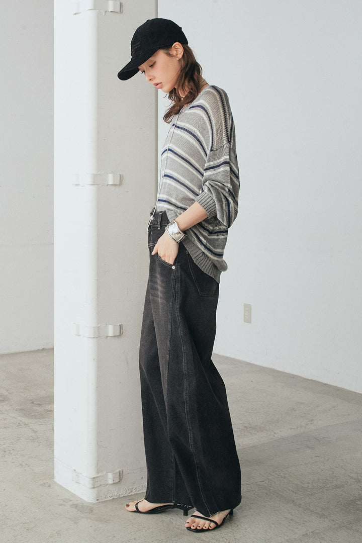 [SET]綿タッチVネックボーダートップス+デニムヨークパンツ(2set)