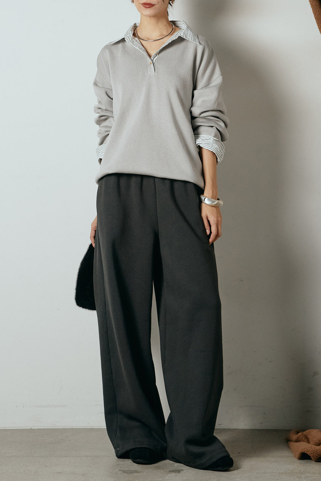 [SET]ストライプシャツドッキングポロトップス+裏起毛スウェットワイドパンツ(2set)