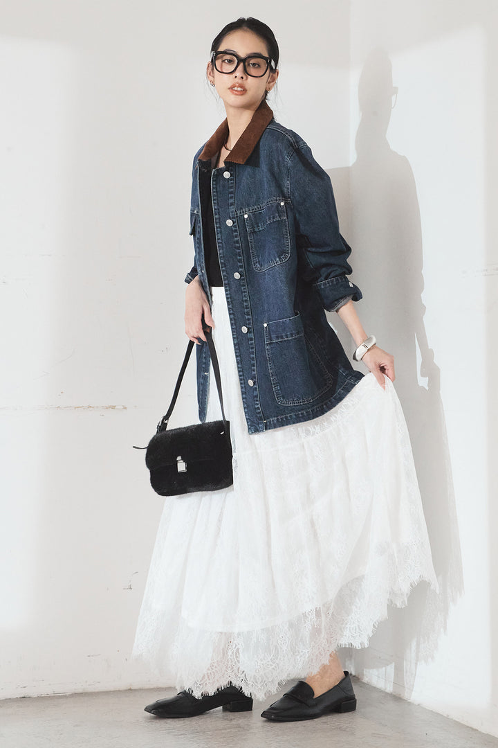 [SET]襟コーデュロイデニムカバーオール+ひげレース切替ロング丈スカート(2set)