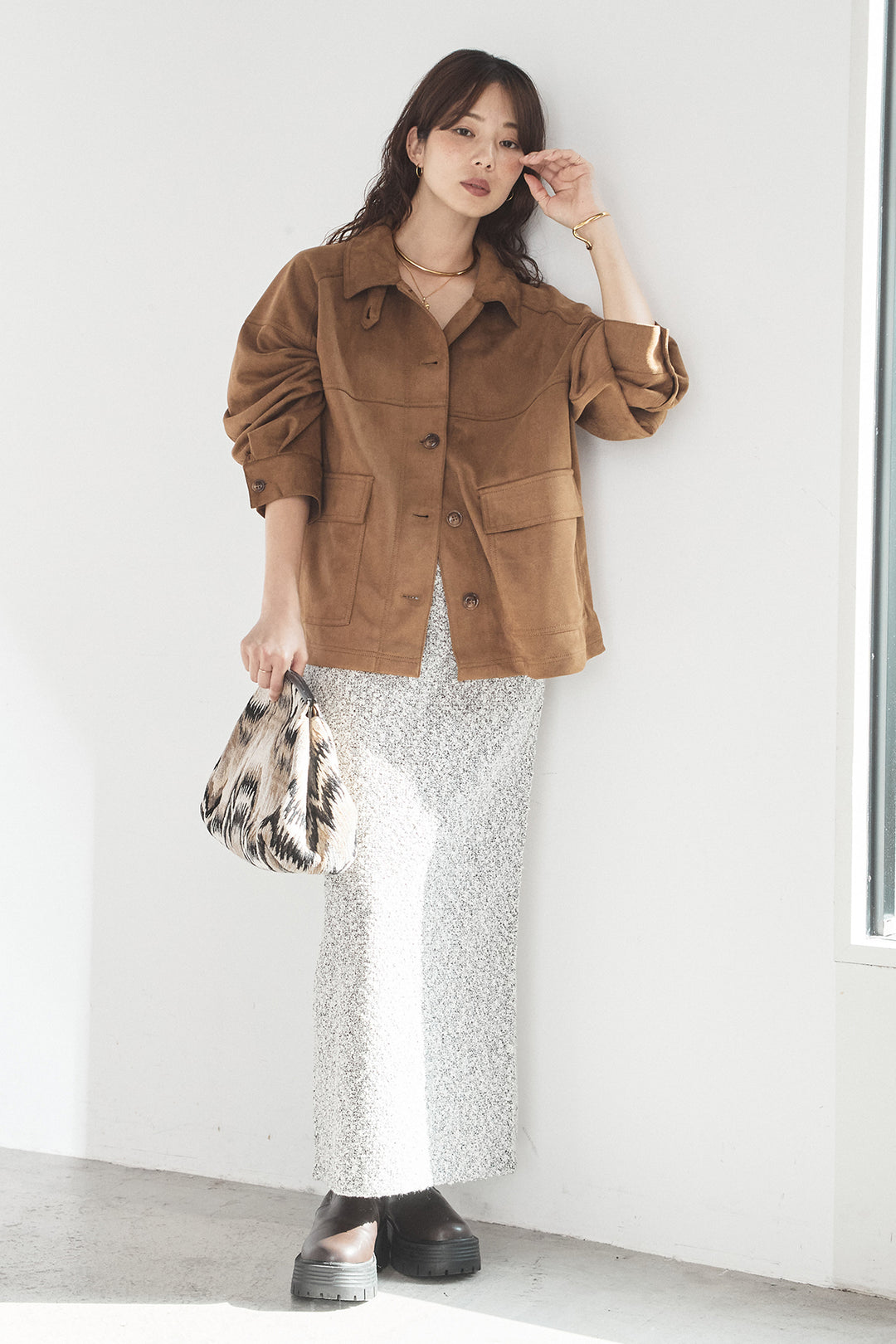 [SET]デカポケスエポンジャケット+ツイード風MIXスラブスカート(2set)