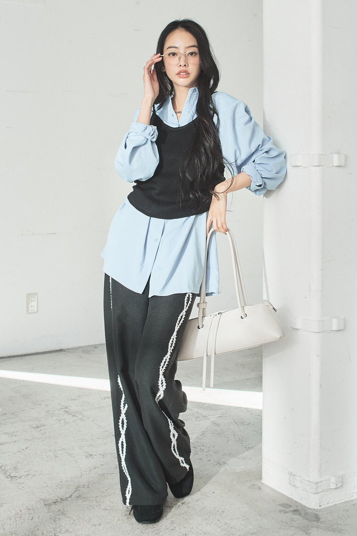 [SET]ニットキャミ付きシャツ+刺繡テープラインパンツ(2set)