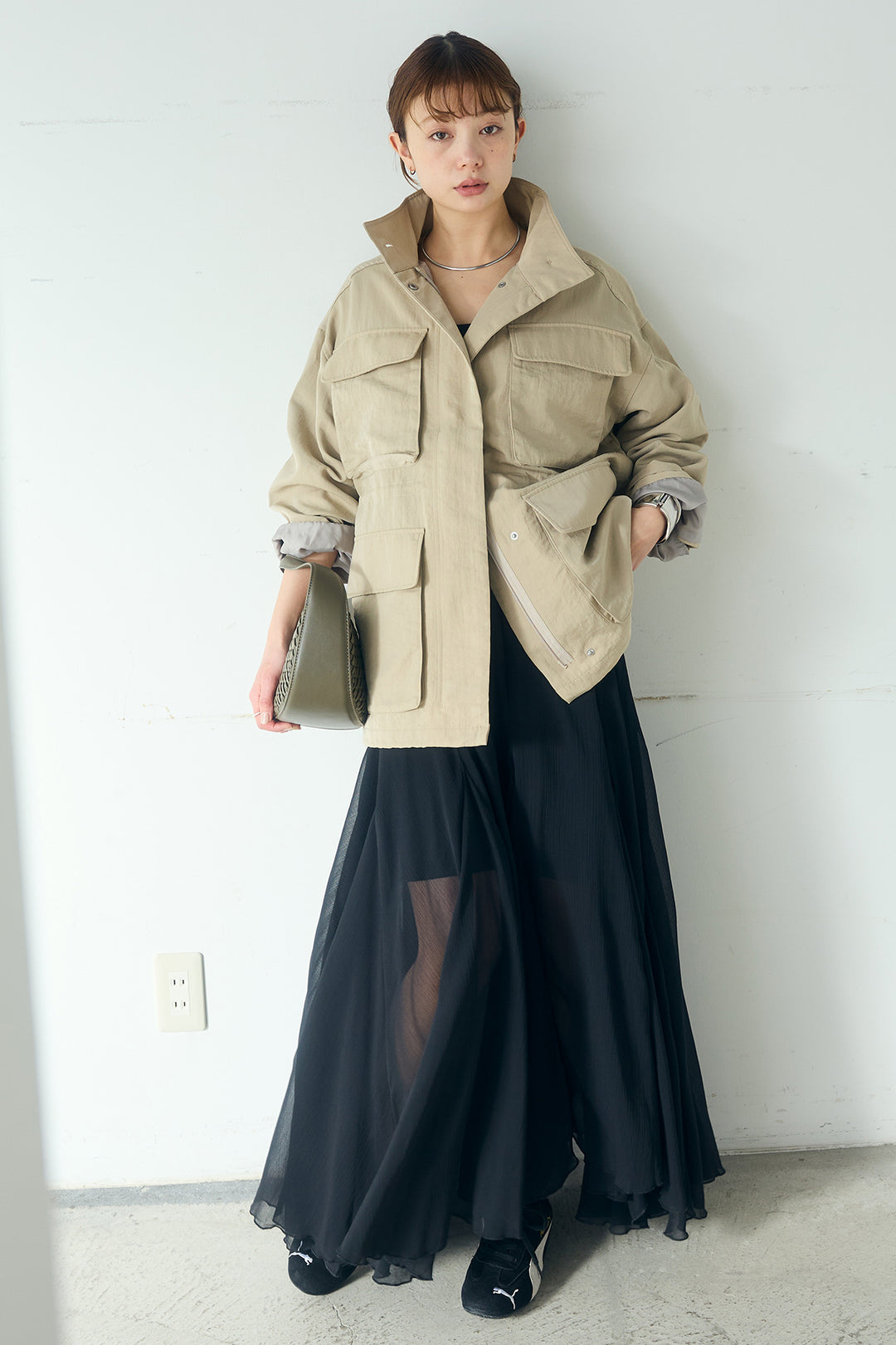 [SET]ナイロンツイルフィールドジャケット+シアーフリルキャミワンピース(2set)