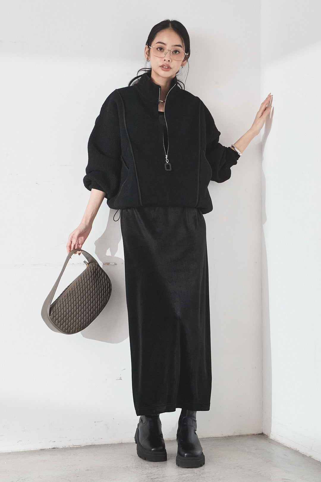 [SET]ハイネックパイピングデザインブルゾン+ベロアバレエネックワンピース(2set)