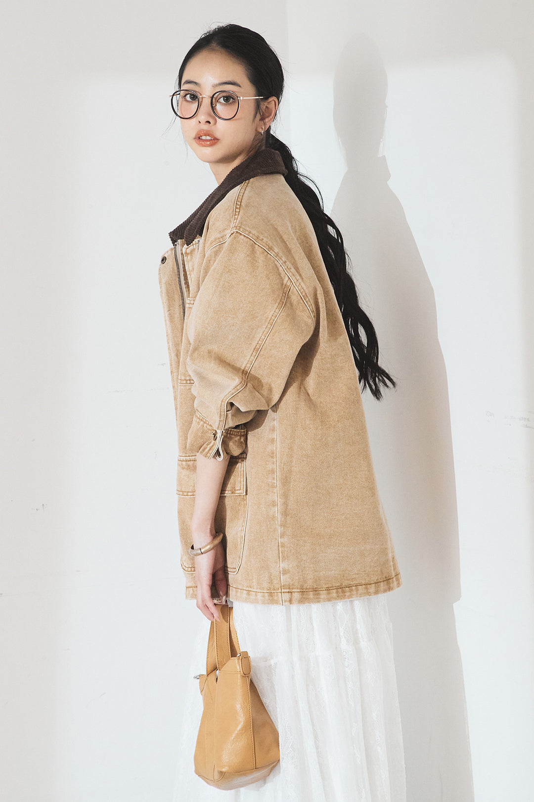 [SET]襟コーデュロイジップデニム調カバーオール+ひげレース切替ロング丈スカート(2set)