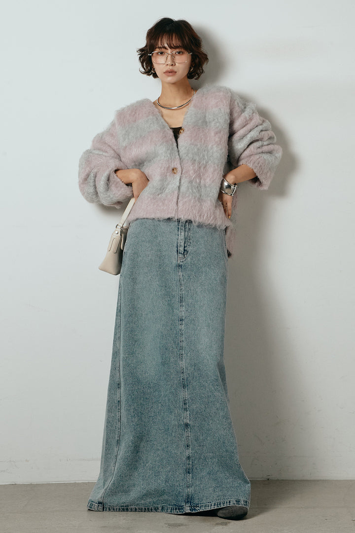 [SET]シャギーボーダー柄ニットカーディガン+デニムロングフレアスカート(2set)