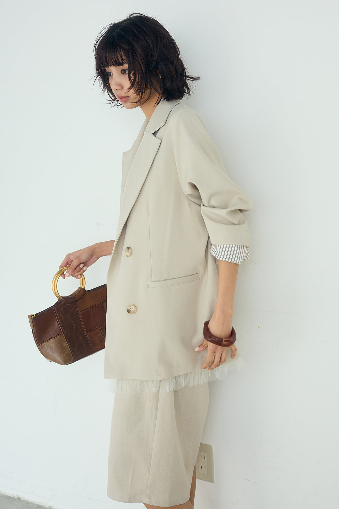 [SET]裾フリルダブルジャケット+ツイルタックハーフパンツ(2set)