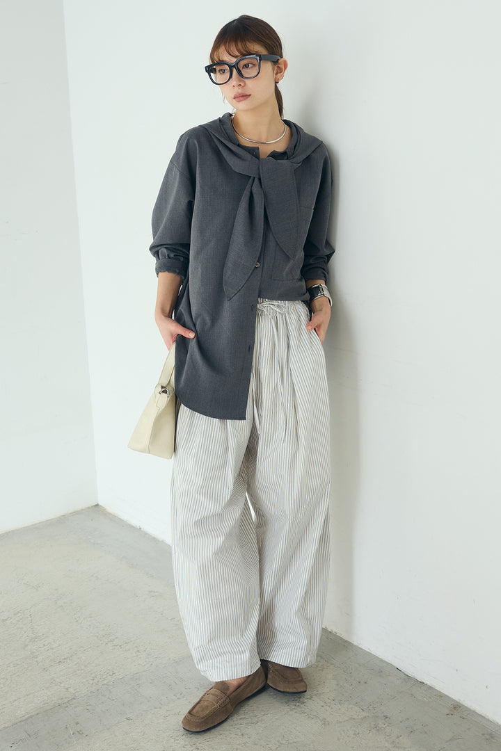 [SET]無地タイ付フーディーBIGシャツ+ランダムストライプタックギャザーパンツ(2set)