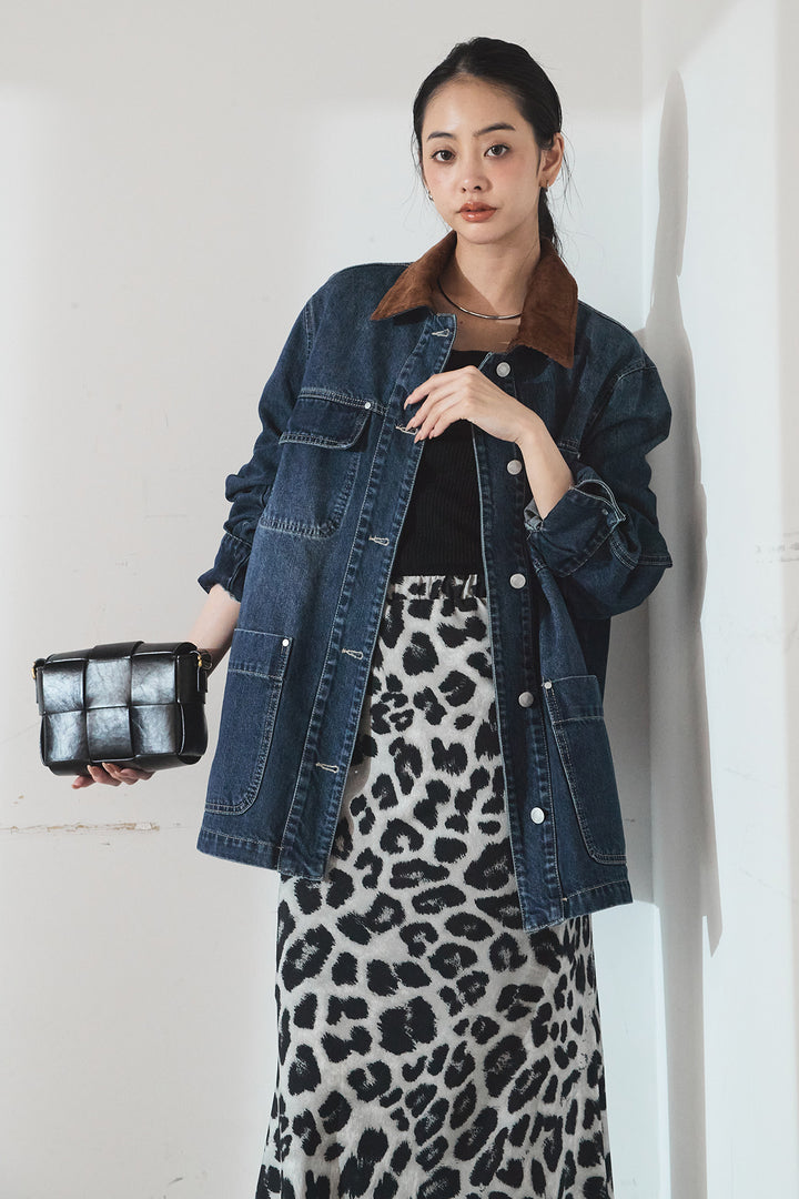 [SET]襟コーデュロイデニムカバーオール+レオパードサテンナロースカート(2set)