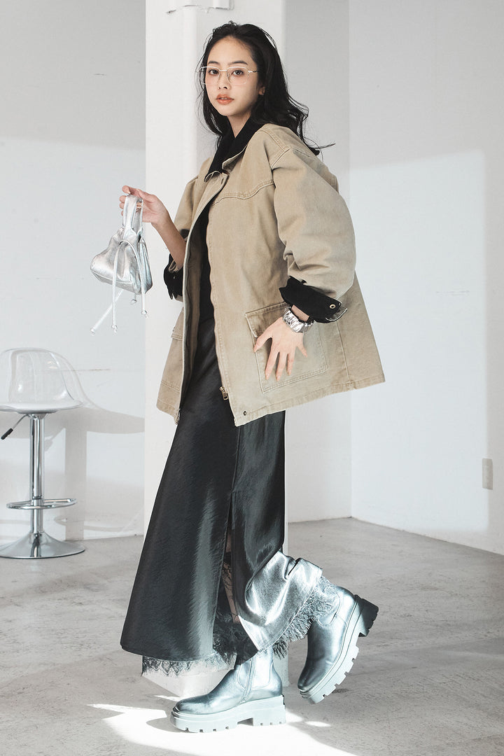 [SET]襟コーデュロイデザインデニム調カバーオール+裾レースデザインサテンスカート(2set)