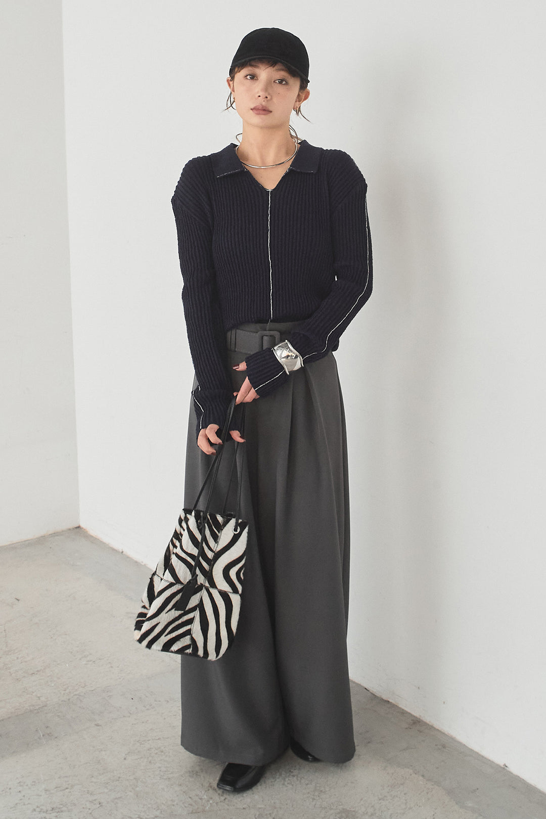 [SET]衿付きニットプルオーバー+ベルト付きツータックワイドパンツ(2set)