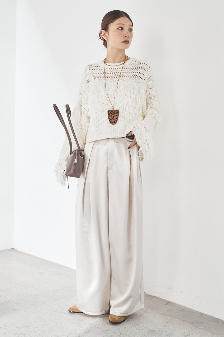 [SET]メッシュフリンジ切り替えプルオーバー+サテンタックワイドパンツ(2set)
