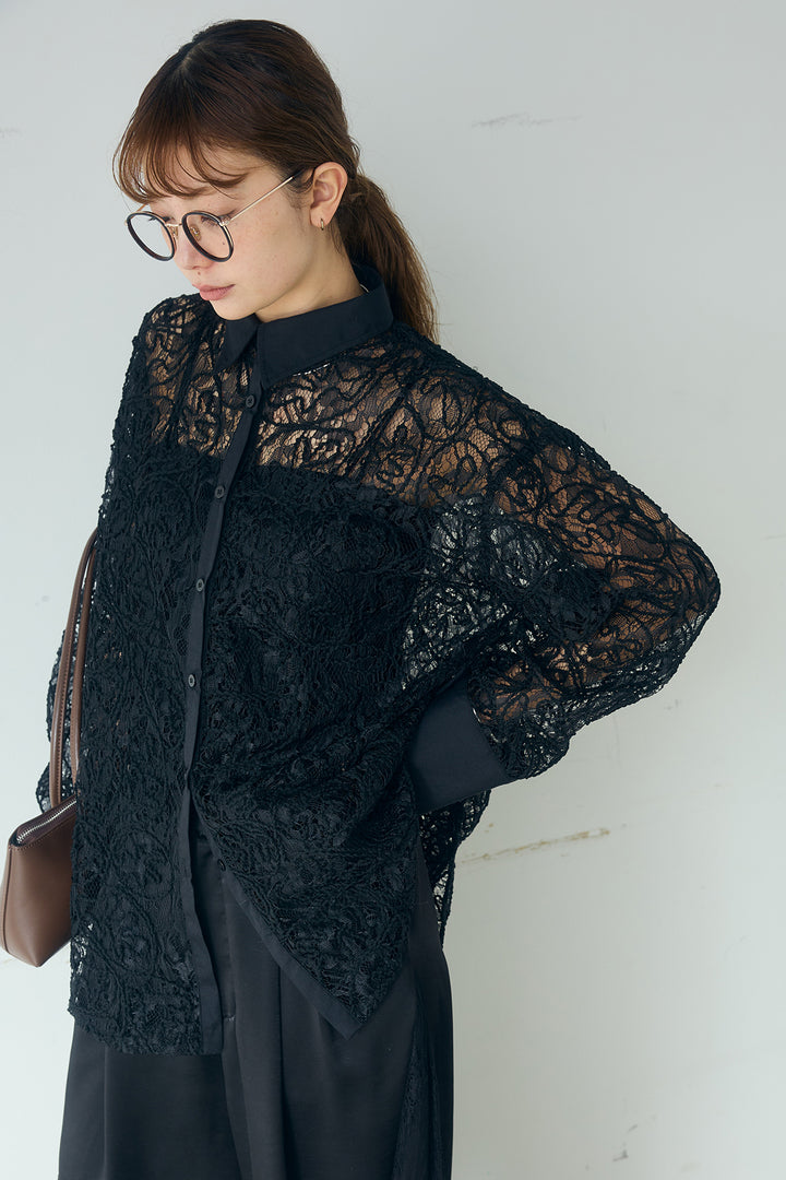 [SET]刺繍レースオーバーサイズシャツ+サテンレース切り替えタックパンツ(2set)