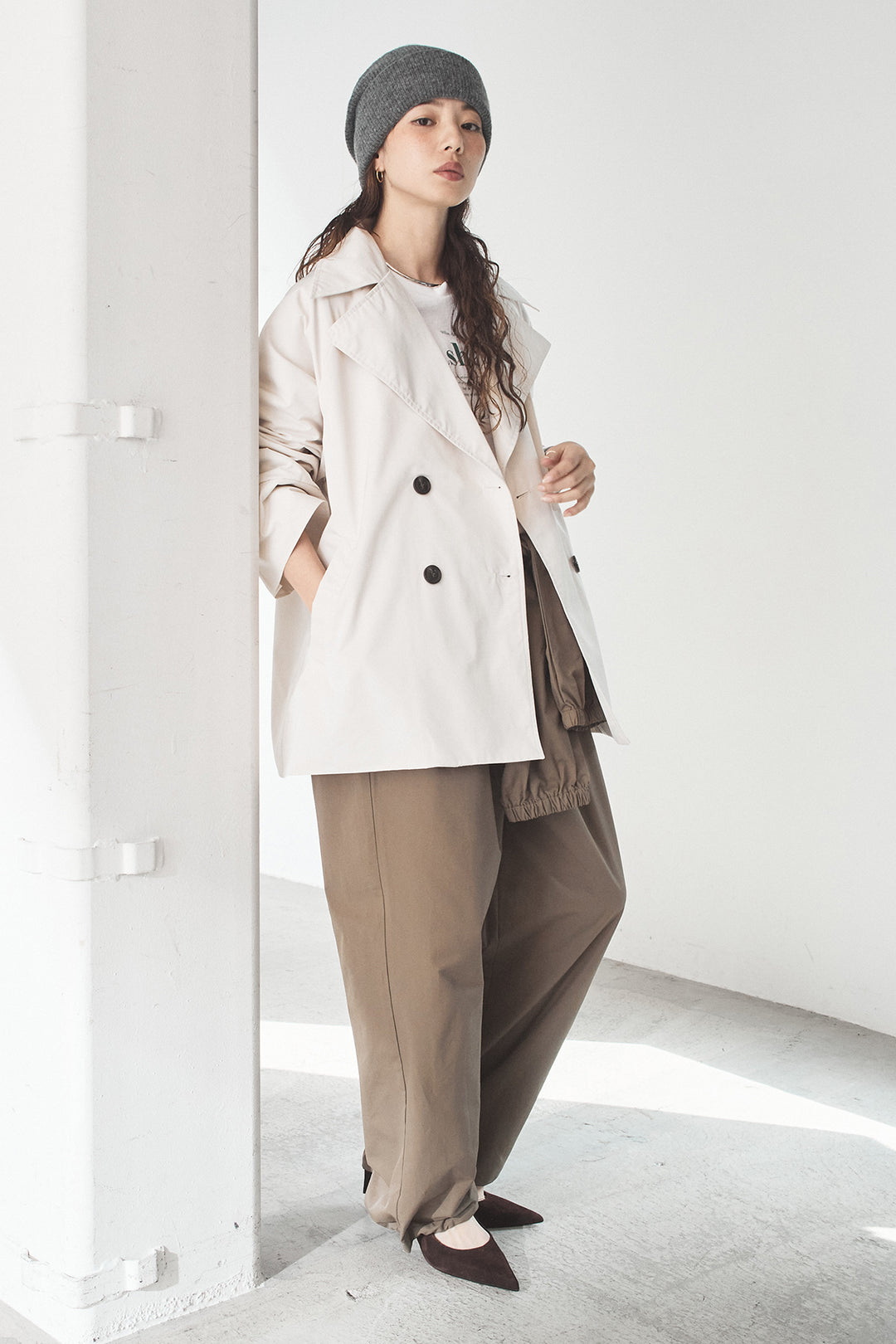 [SET]ナイロントレンチコート+合繊ツイルスタンドウエスト巻きジョガーパンツ(2set)