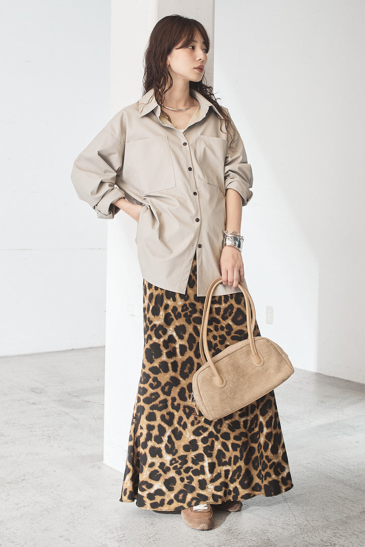 [SET]ウォッシャブルエコレザービックカフスシャツ+レオパードサテンナロースカート(2set)