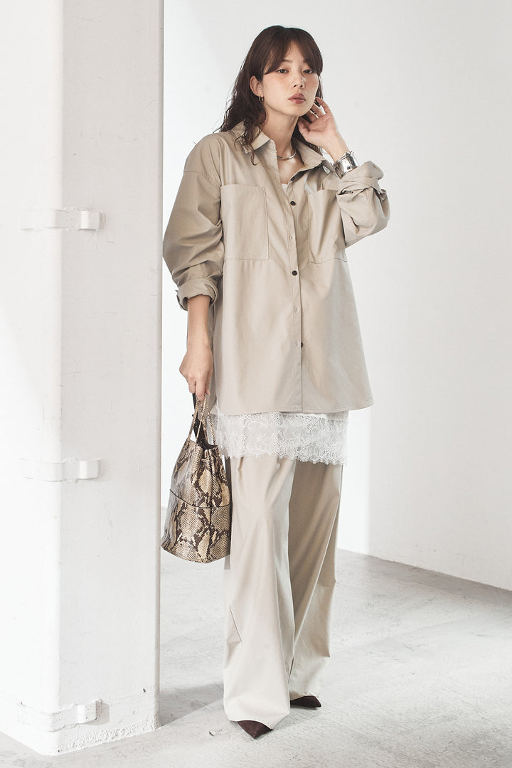 [SET]ウォッシャブルエコレザービックカフスシャツ+ウォッシャブルエコレザータックパンツ(2set)