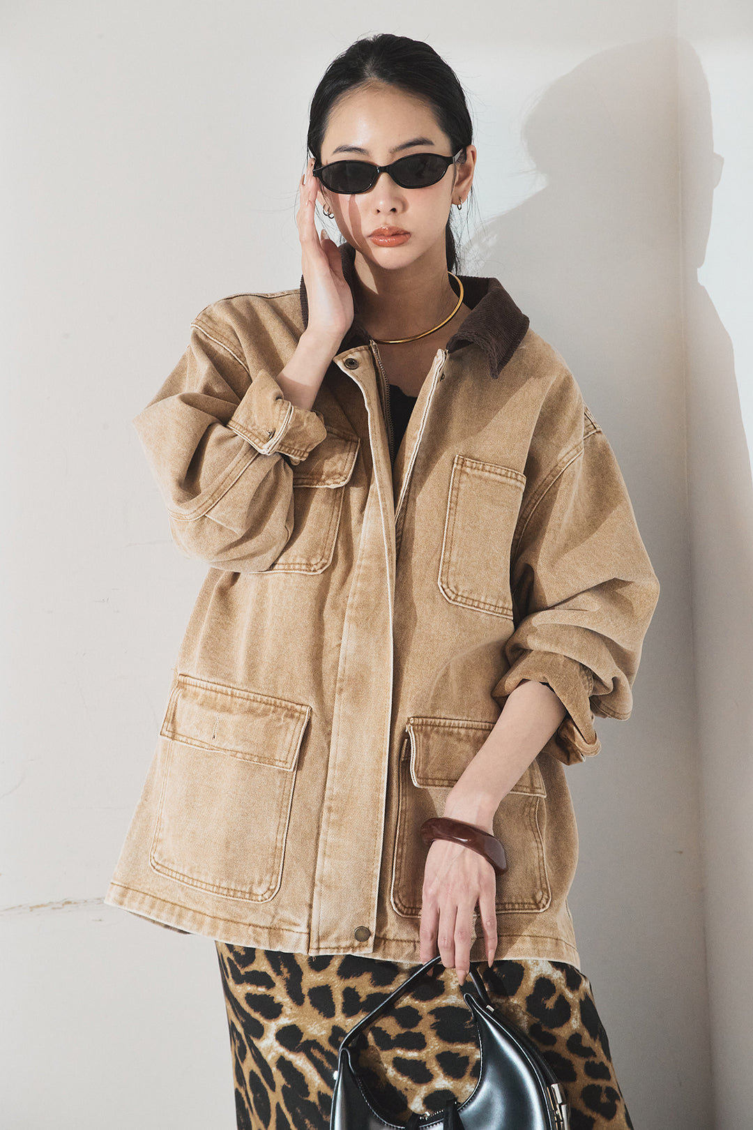 [SET]襟コーデュロイジップデニム調カバーオール+レオパードサテンナロースカート(2set)