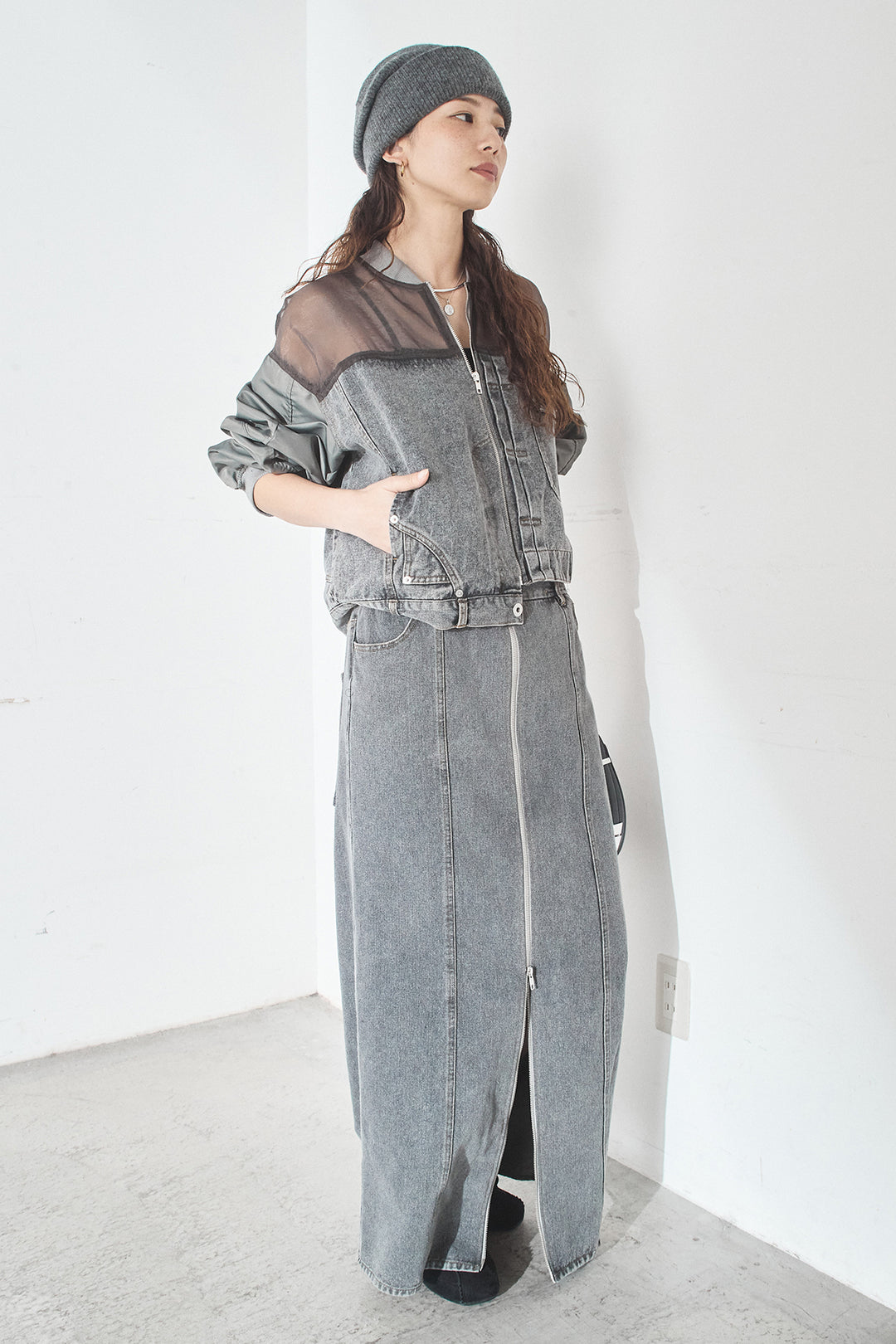 [SET]デニムコンビネーションブルゾン+フロントジップデニムスカート(2set)