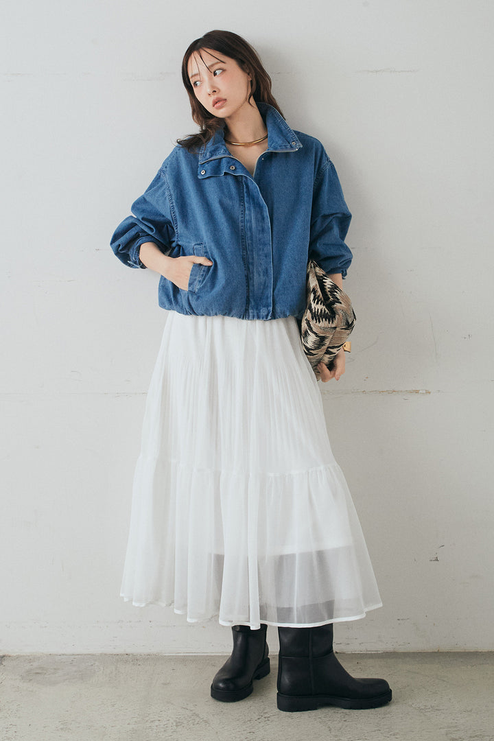 [SET]スタンドカラーデニムブルゾンジャケット+ボリュームシルエットチュールスカート(2set)
