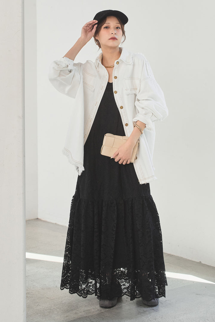 [SET]フリンジデニムジャケット+レース刺繍フレアキャミワンピース(2set)