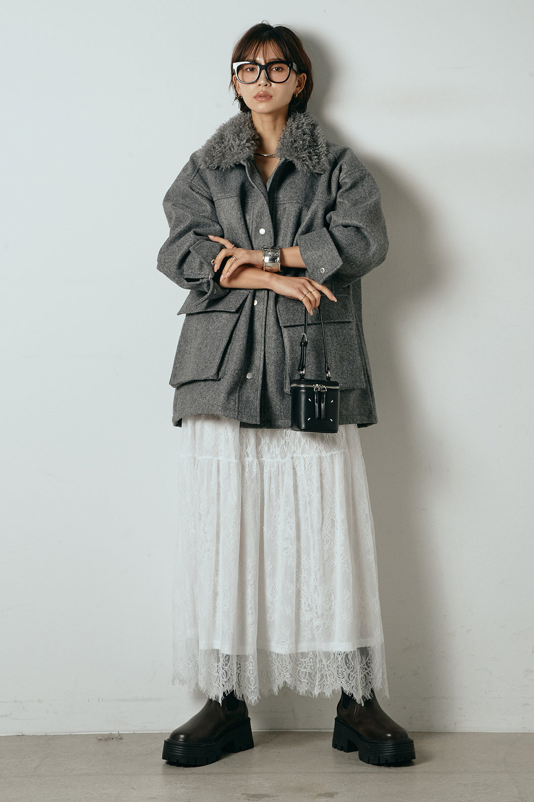 [SET]エコウール衿ファー薄中綿入りミドルカバーオール+ひげレース切替ロング丈スカート(2set)
