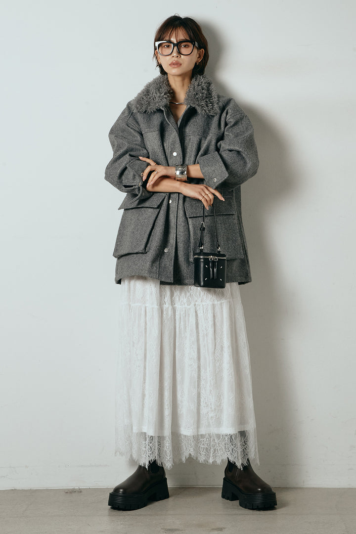 [SET]エコウール衿ファー薄中綿入りミドルカバーオール+ひげレース切替ロング丈スカート(2set)