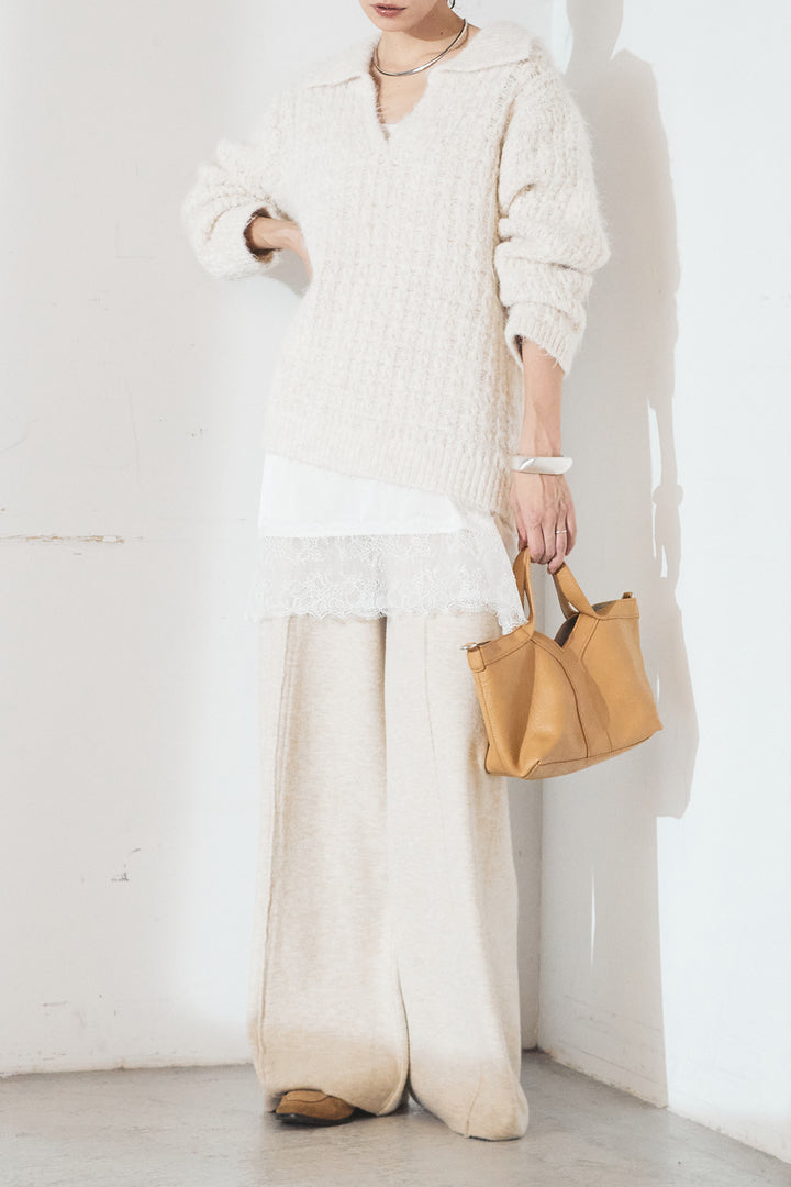 [SET]襟付きVネックニットトップス+センターラインニットパンツ(2set)